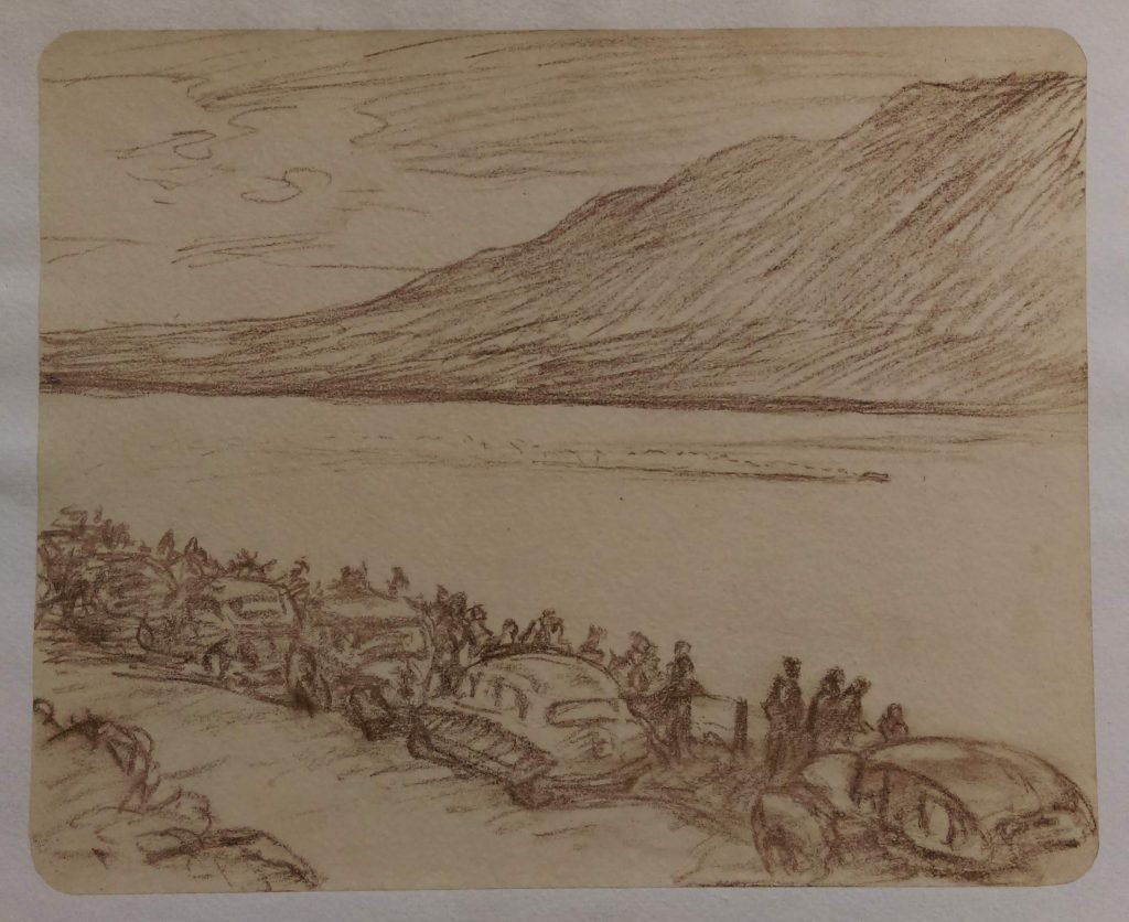 Crayon sketch of people watching a blur of movement on Loch Ness